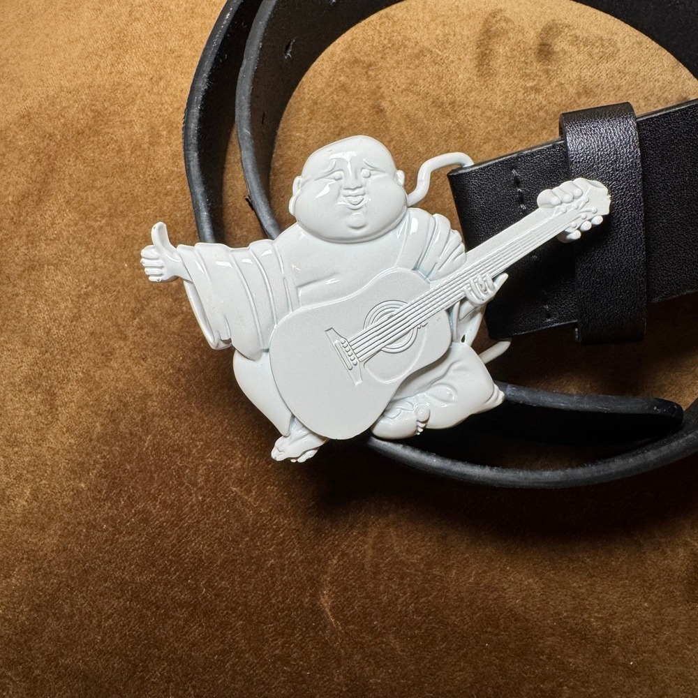 True Religion Belt Mens  32 Black Good Buddha Guitar Buckle Leather Streetwear